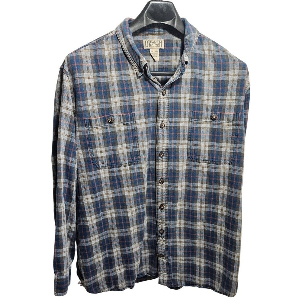 Duluth Trading Co Mens 3XL Tall Blue Grey Plaid Cotton Flannel Button Down Shirt